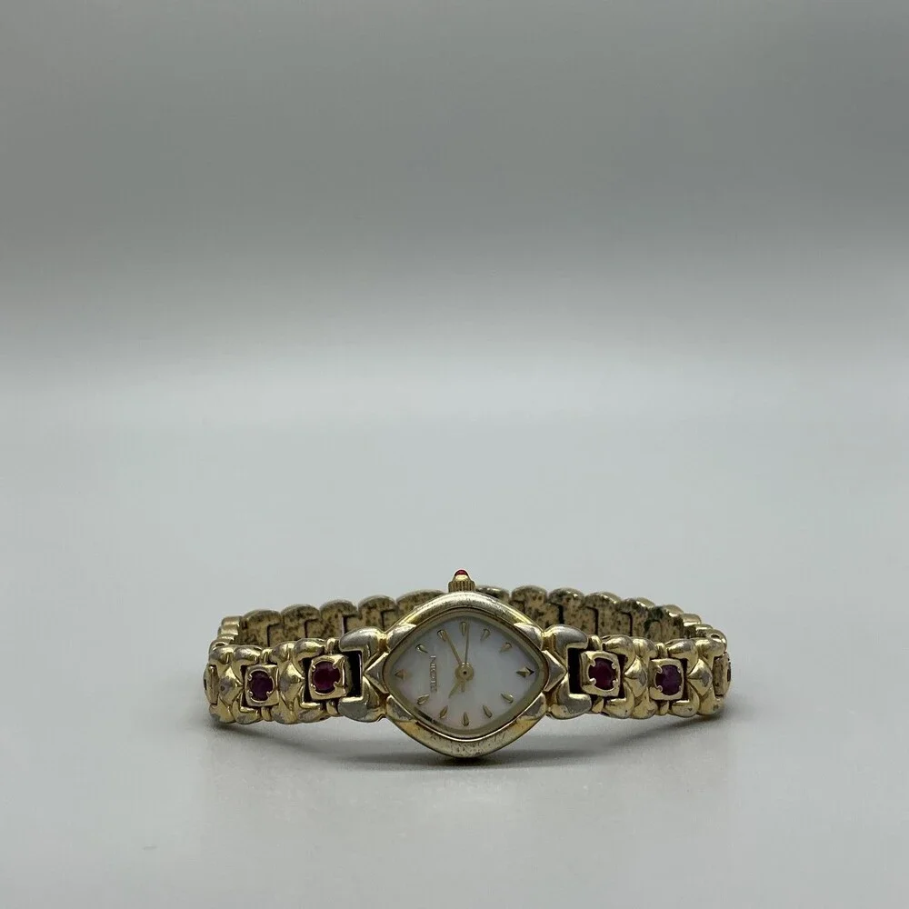 Elgin Ruby Womens Watch 17mm MOP Dial Gold Tone Bracelet New Battery 7.5